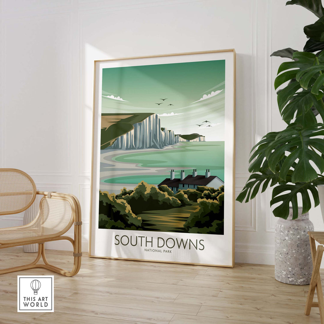 South Downs National Park poster art print showcasing cliffs and greenery in a modern minimalist style.