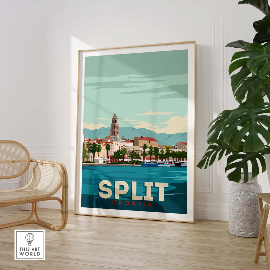 Split Croatia Print Poster Wall Art in a stylish frame, showcasing the coastal cityscape and vibrant colors, perfect for home decor.