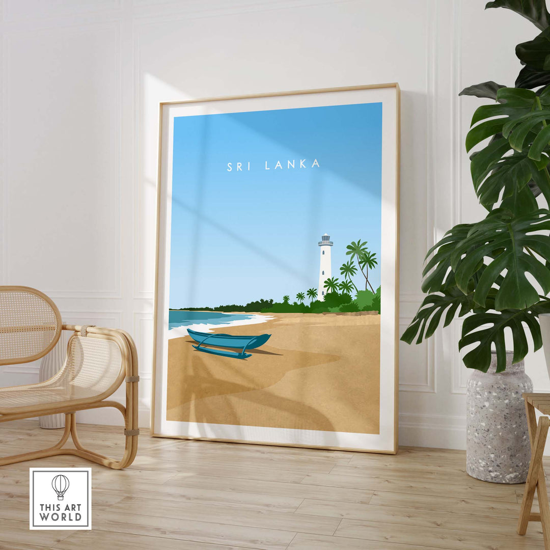 Sri Lanka travel poster print featuring a beach scene with a lighthouse and palm trees, framed in a modern home setting.