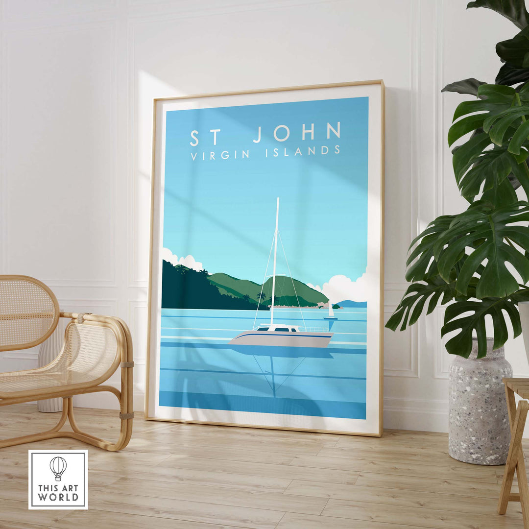 Framed St John Virgin Islands travel poster featuring a sailboat and scenic blue waters.