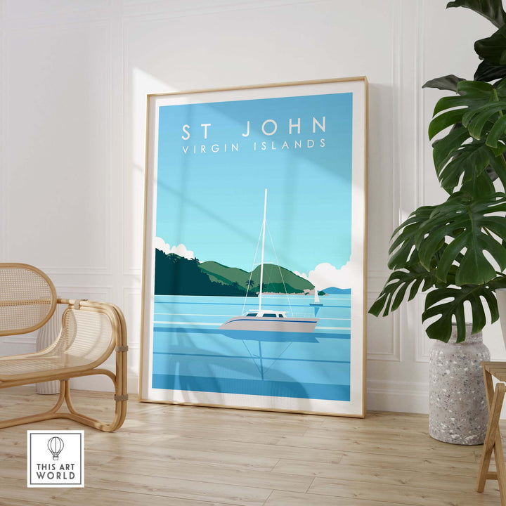 Framed St John Virgin Islands travel poster featuring a sailboat and scenic blue waters.