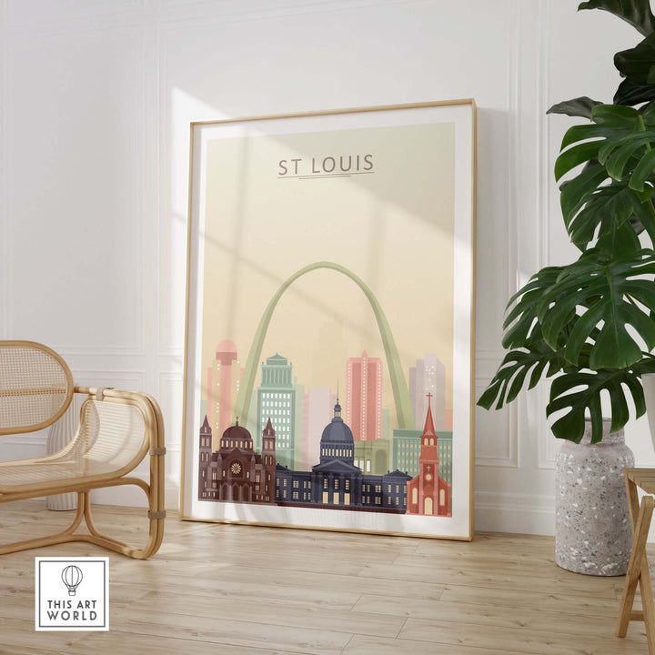 St Louis City Skyline Wall Art Print featuring iconic architecture in pastel colors, framed in a stylish interior setting.