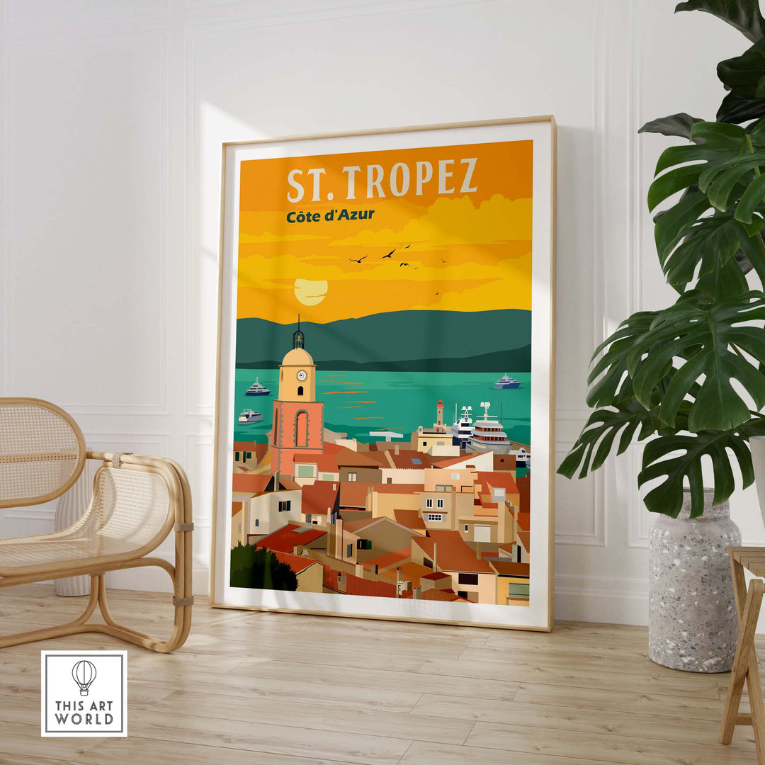 St Tropez France print poster wall art showcasing colorful coastal view and vintage travel aesthetic.