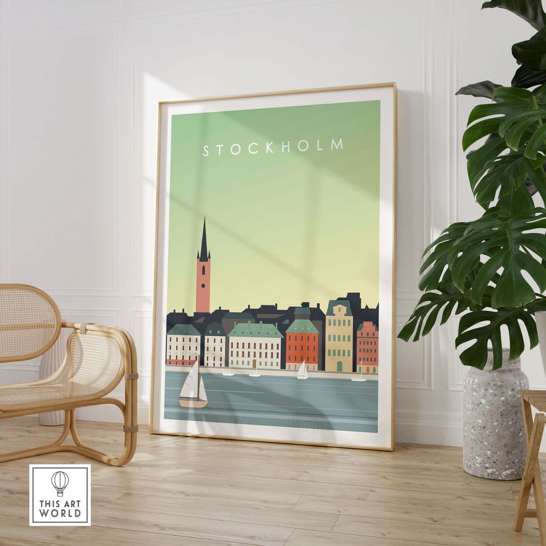 Stockholm wall art poster in modern decor, showcasing vibrant cityscape and vintage travel design.
