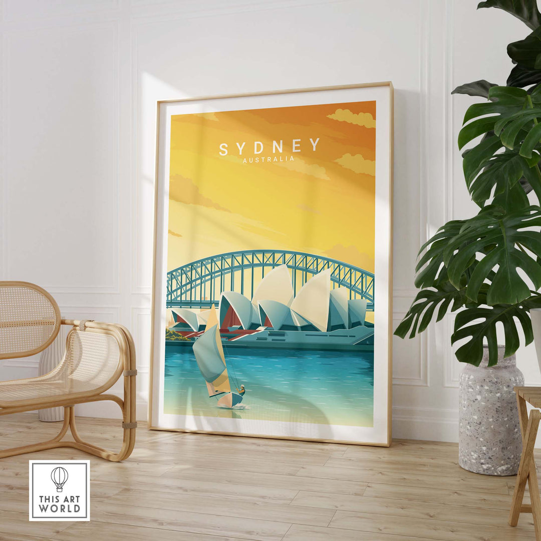 Sydney travel poster print featuring the Harbour Bridge and sailboats, perfect for adding a vintage touch to home decor.