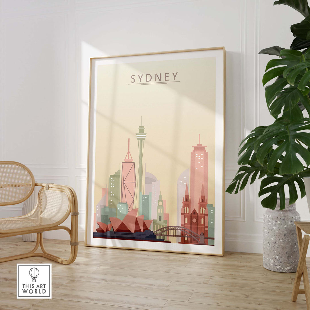 Sydney City Skyline Print showcasing iconic landmarks in pastel tones, perfect for wall art decor.