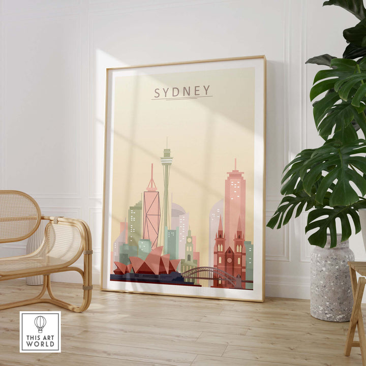 Sydney City Skyline Print showcasing iconic landmarks in pastel tones, perfect for wall art decor.