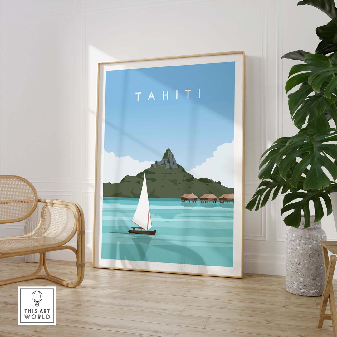 Tahiti poster travel print featuring a sailboat and scenic mountain backdrop, ideal for home or office decor.