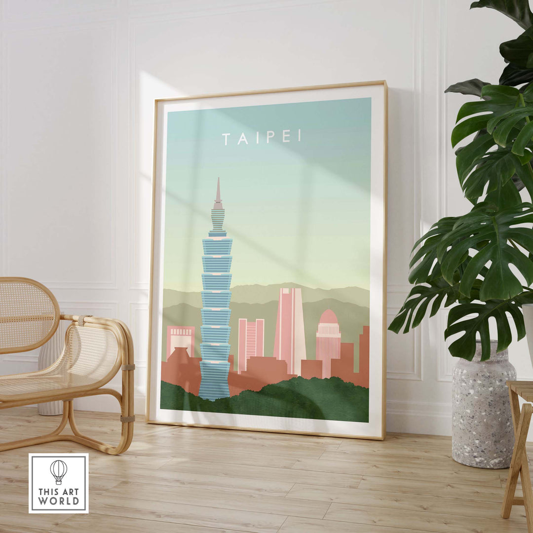 Taipei poster print featuring Taipei 101 and city skyline, framed wall art for stylish home decor.