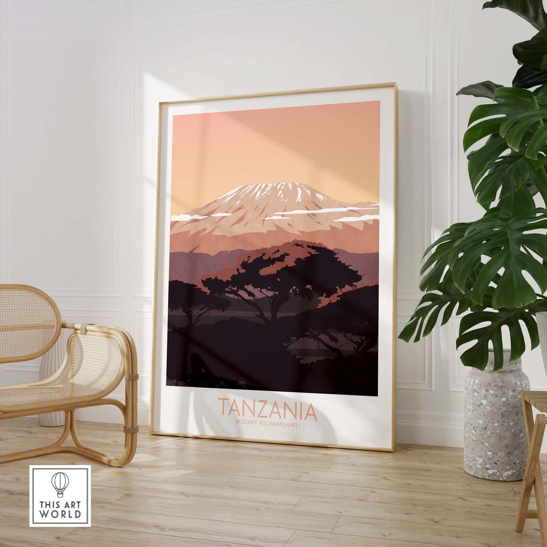 Kilimanjaro Print Tanzania Poster showcasing Mount Kilimanjaro in a stylish framed design for home decor.