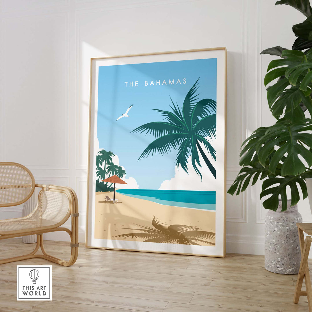 The Bahamas travel poster print featuring a serene beach scene with palm trees and a clear blue sky.