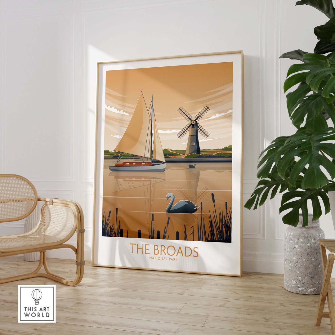 The Broads National Park poster art print featuring sailboats, a windmill, and a swan in a modern minimalist style.
