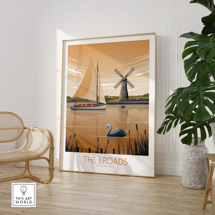 The Broads National Park poster art print featuring sailboats, a windmill, and a swan in a modern minimalist style.