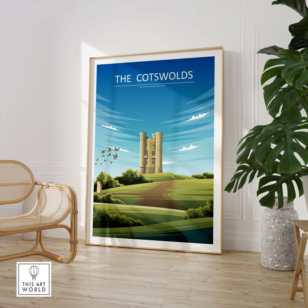 Minimalist Cotswolds poster featuring a castle and green landscape, styled for travel enthusiasts and home decor.