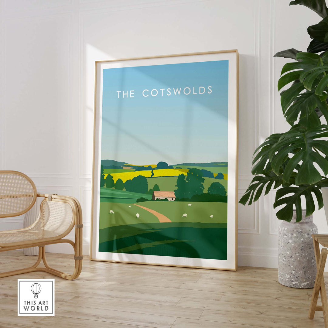 The Cotswolds Poster Print featuring green landscapes and a blue sky, perfect for stylish wall art decor.