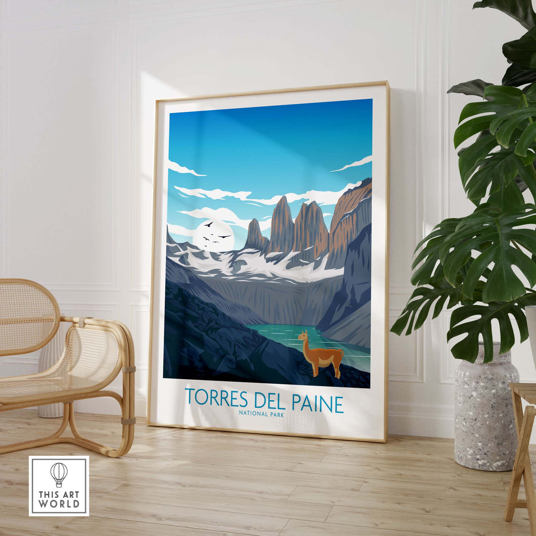 Vintage-style Torres del Paine poster showcasing stunning mountains and wildlife in a stylish interior setting.