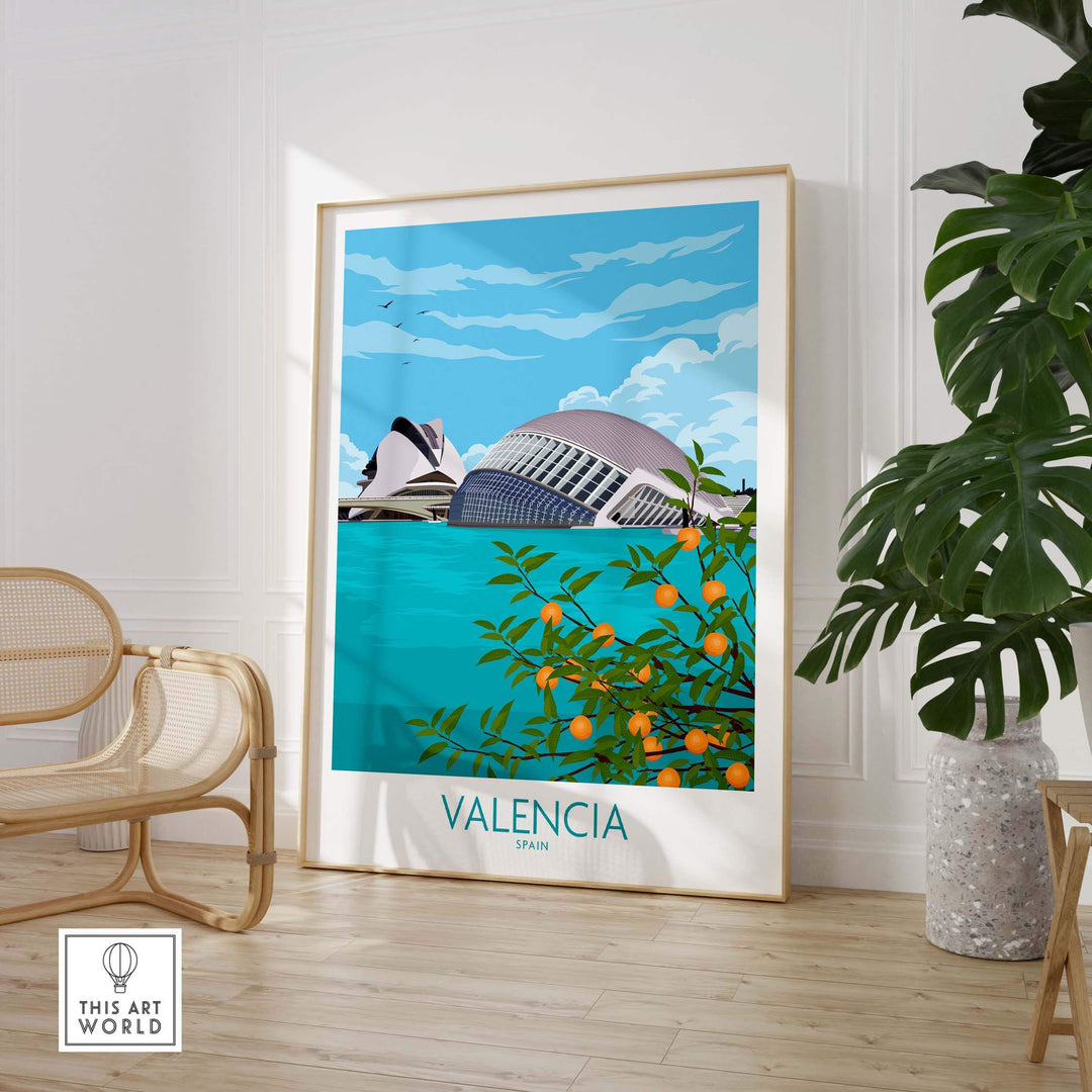 Valencia Poster Print showcasing the City of Arts and Sciences with a teal background and orange trees, stylish wall art.