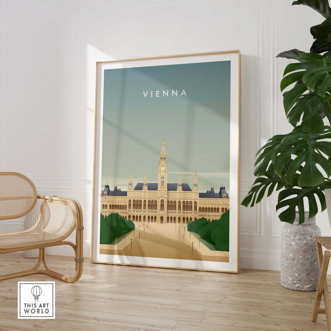Vienna Wall Art Poster featuring a vintage-inspired illustration of Vienna's cityscape, stylishly displayed in a modern interior.