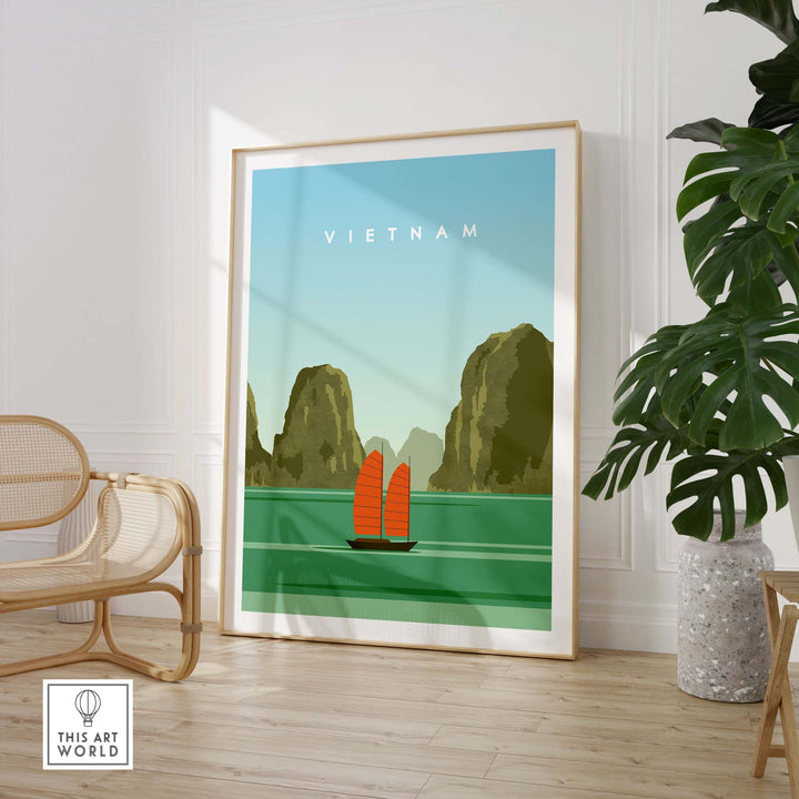 Vietnam travel poster print featuring a traditional boat and scenic landscape in a minimalist style.