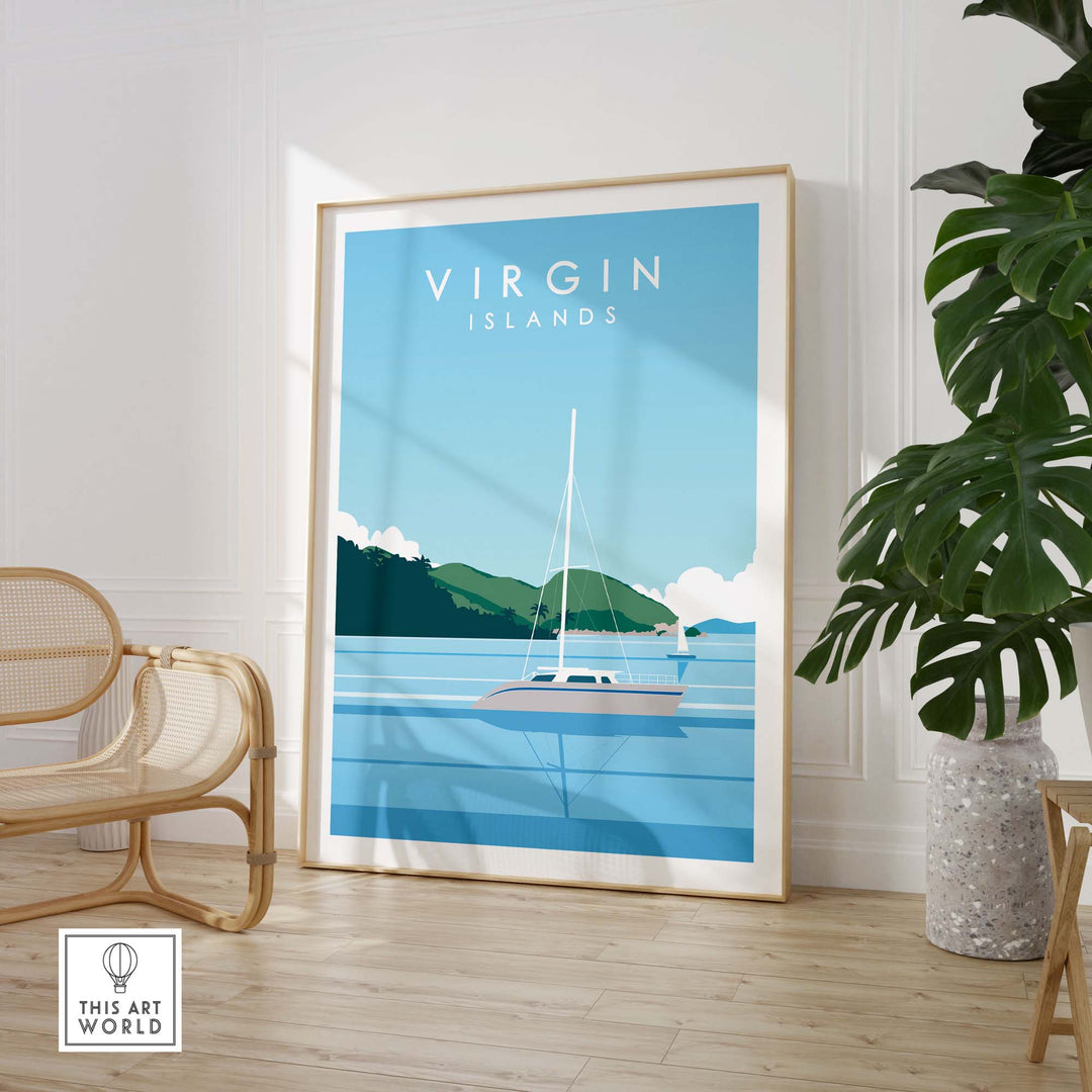 Virgin Islands travel poster print featuring a sailboat and minimalist design for stylish wall art.