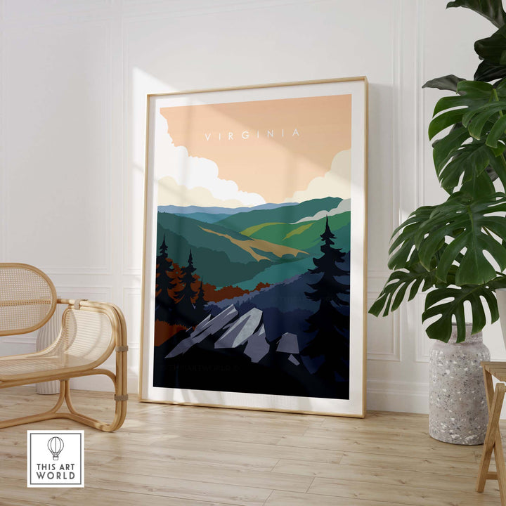Virginia travel poster print in a minimalist frame, showcasing lush mountains and trees, perfect for home decor.