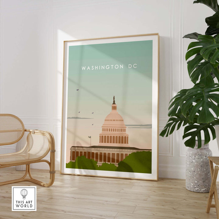 Washington DC poster print featuring the Capitol building, designed for stylish wall art in home or office decor.