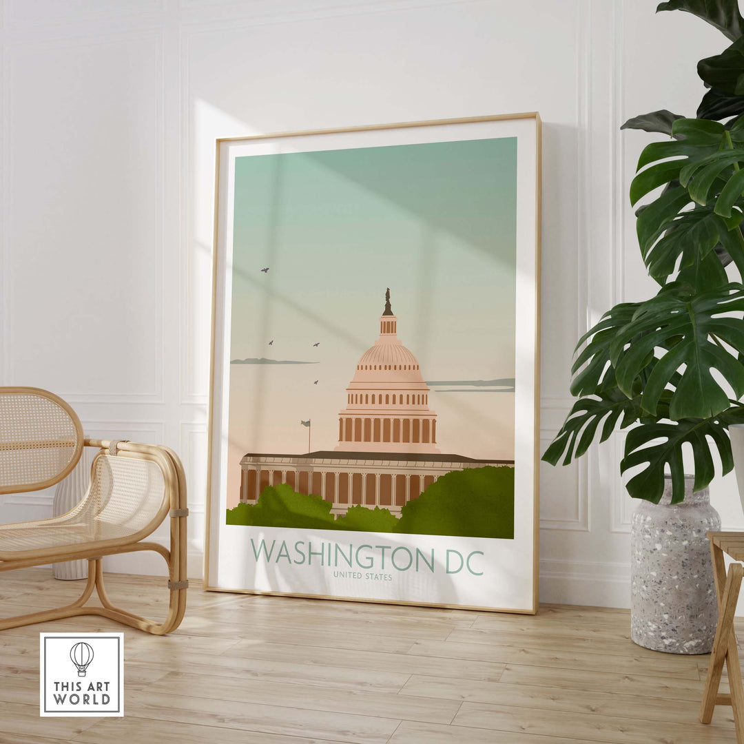 Washington DC Wall Art Print featuring the Capitol Building in a stylish, vintage-inspired design for home decor.