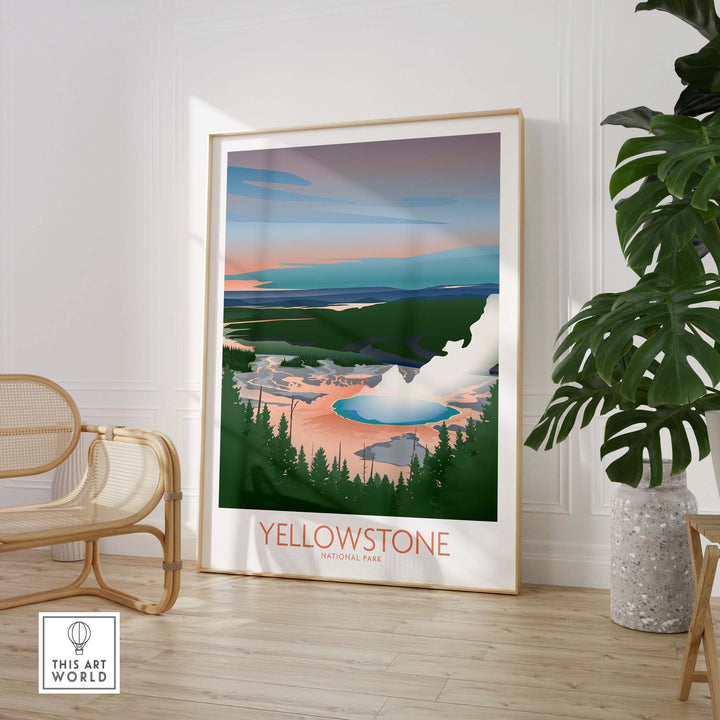 Yellowstone National Park art print featuring minimalist design and vibrant colors in a stylish interior setting.