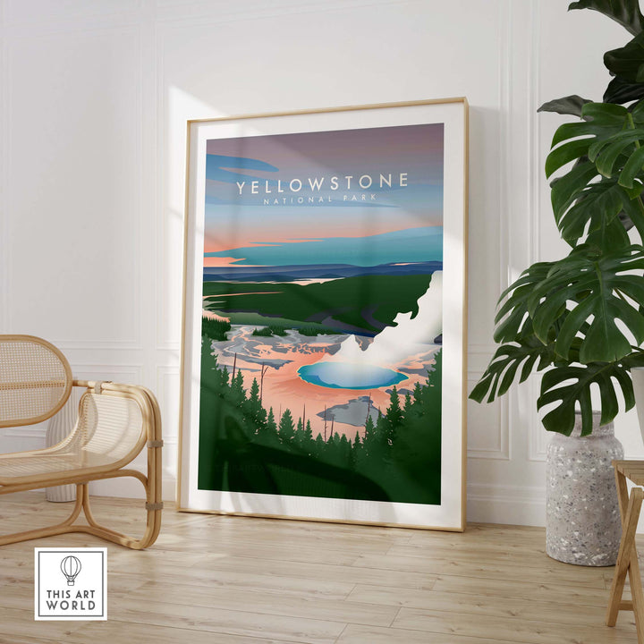 Vintage Yellowstone National Park art print displayed in a stylish home setting, showcasing scenic landscape and bright colors.