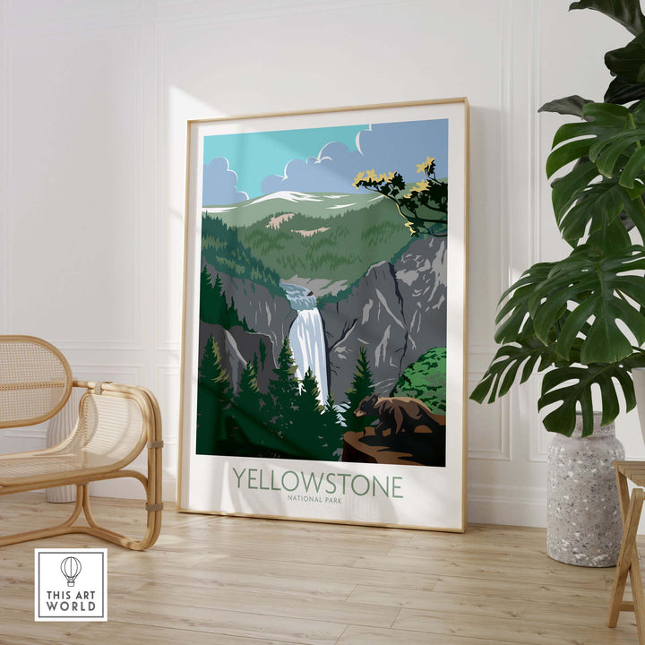 Yellowstone National Park vintage poster print showcasing a waterfall and lush green landscape framed in a stylish room.