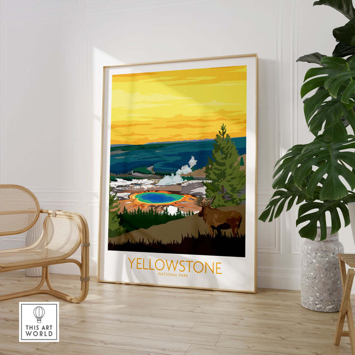 Yellowstone Park Print Poster featuring vibrant landscape and bison, ideal for home or office decor.