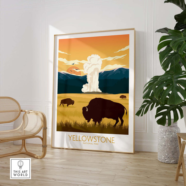 Yellowstone National Park poster featuring bison and geyser in a minimalist design, perfect for nature lovers' home décor.