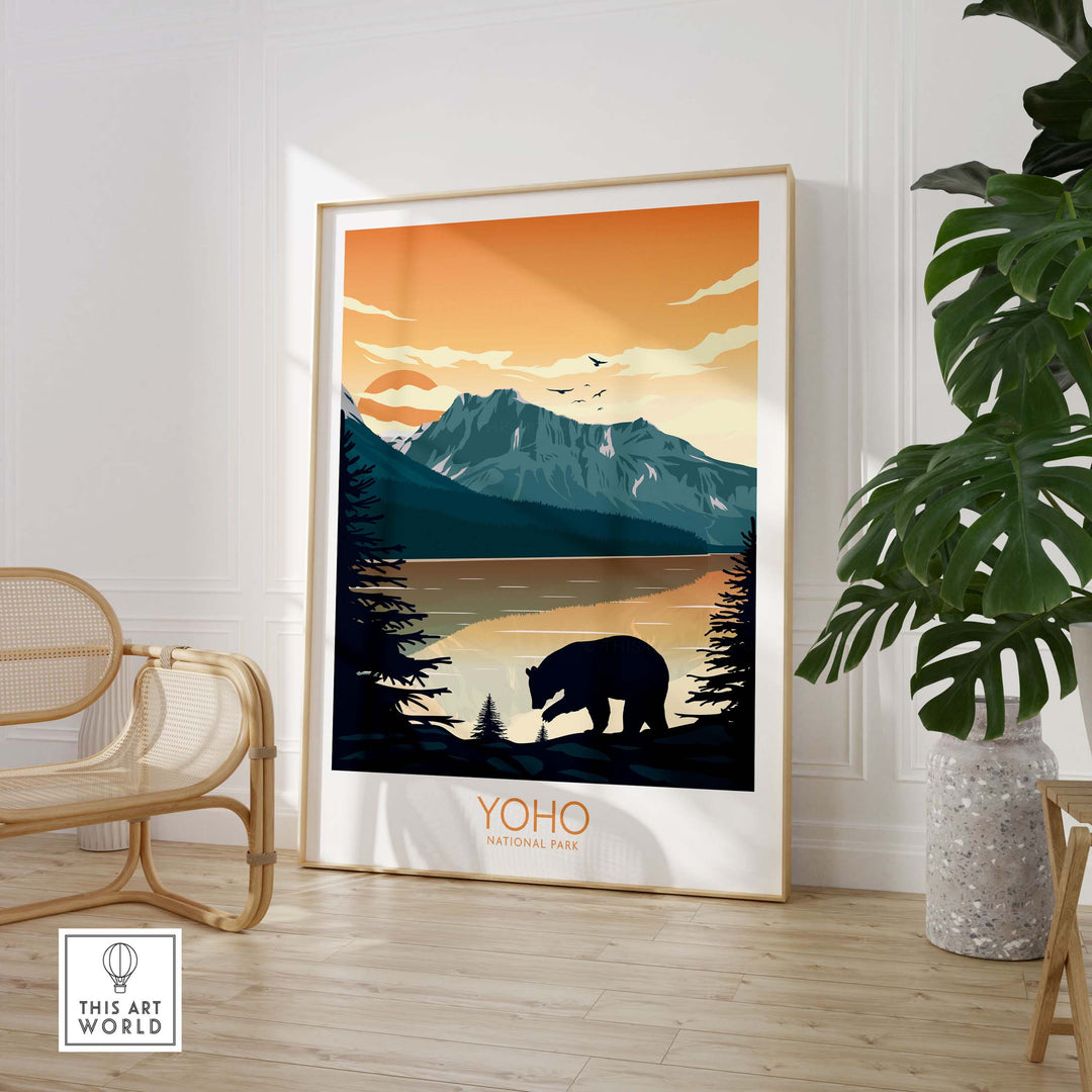 Yoho National Park poster featuring a bear, mountains, and sunset, perfect for nature lovers and travel enthusiasts.