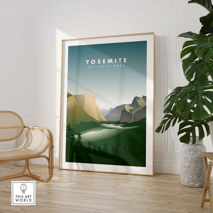 Vintage Yosemite National Park art poster framed in a stylish interior, showcasing El Capitan and beautiful landscapes.