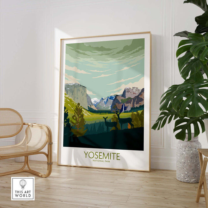 Yosemite National Park print poster featuring scenic mountains and deer in a stylish home setting.
