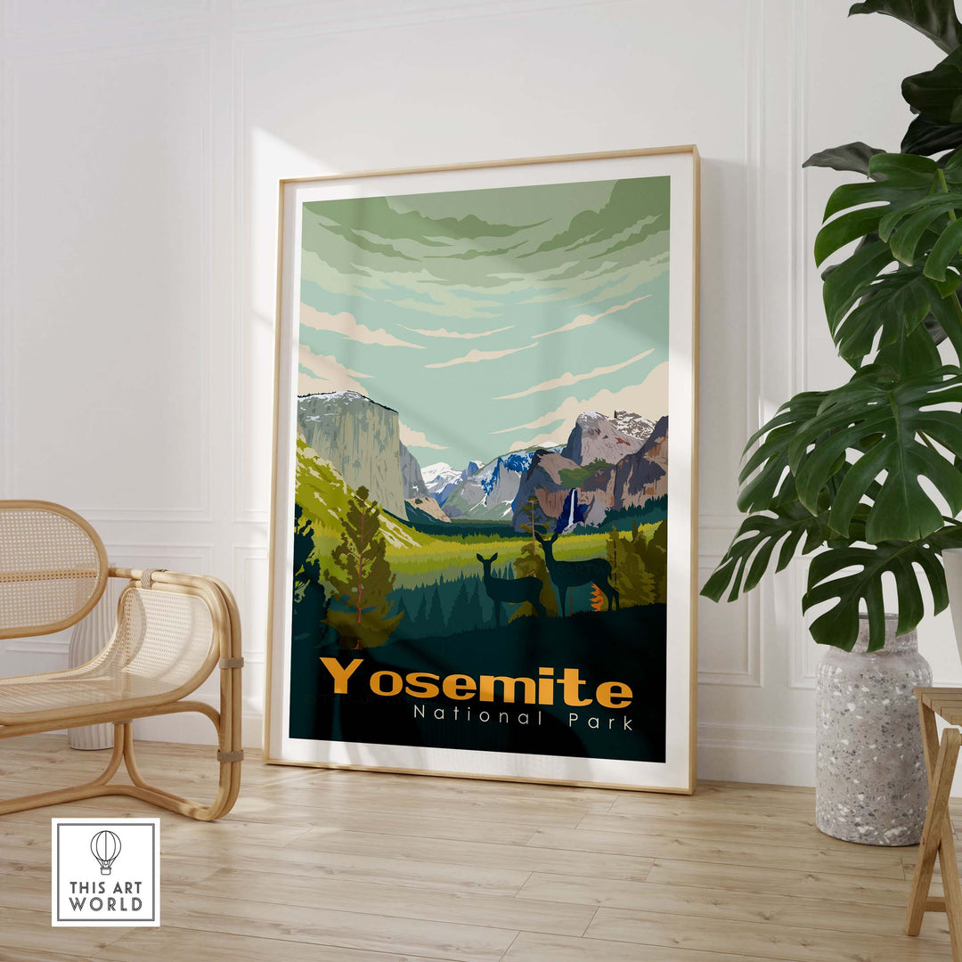 Framed Yosemite National Park poster showcasing vibrant landscapes and retro design in a stylish interior setting.