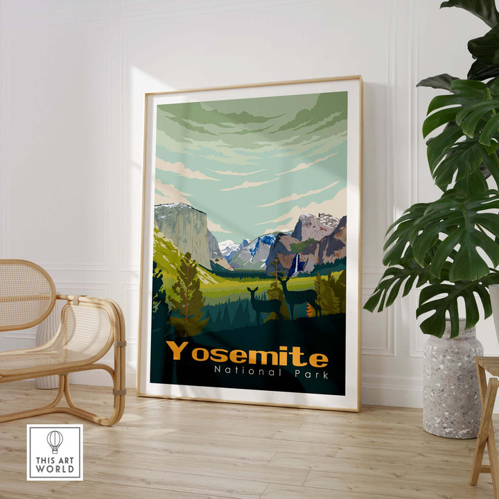 Framed Yosemite National Park poster showcasing vibrant landscapes and retro design in a stylish interior setting.