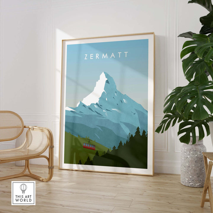 Zermatt Print Wall Art Poster featuring a mountain with a vintage style inspired design, perfect for travel lovers.
