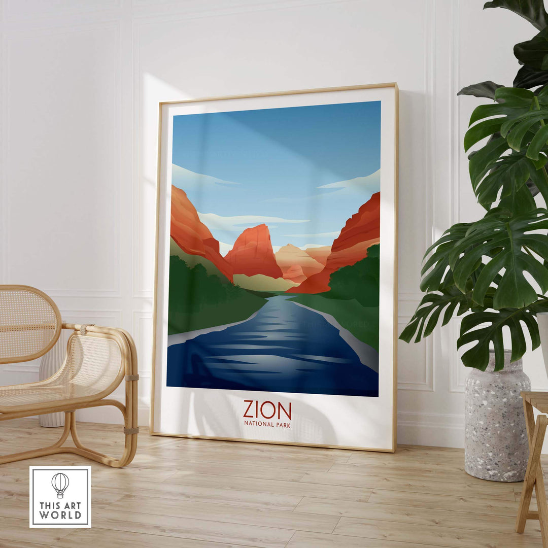 Zion National Park art print showcasing minimalist landscape and vibrant colors, perfect for home decor.