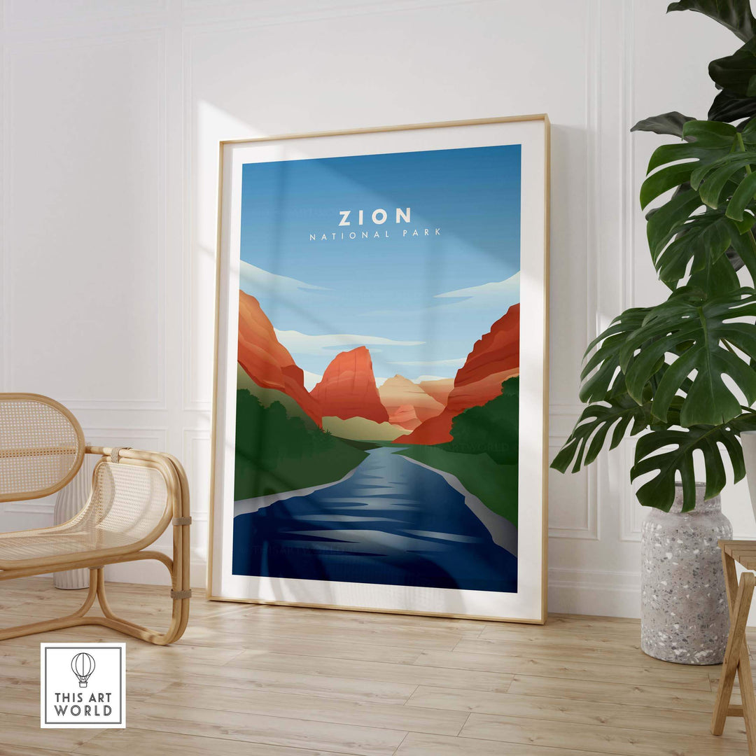 Framed Zion National Park art print featuring Virgin River and red rock formations, perfect for home decor.