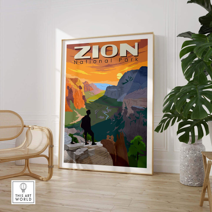 Zion National Park vintage poster print showcasing mountains and sunset, framed artwork for home or office decor.