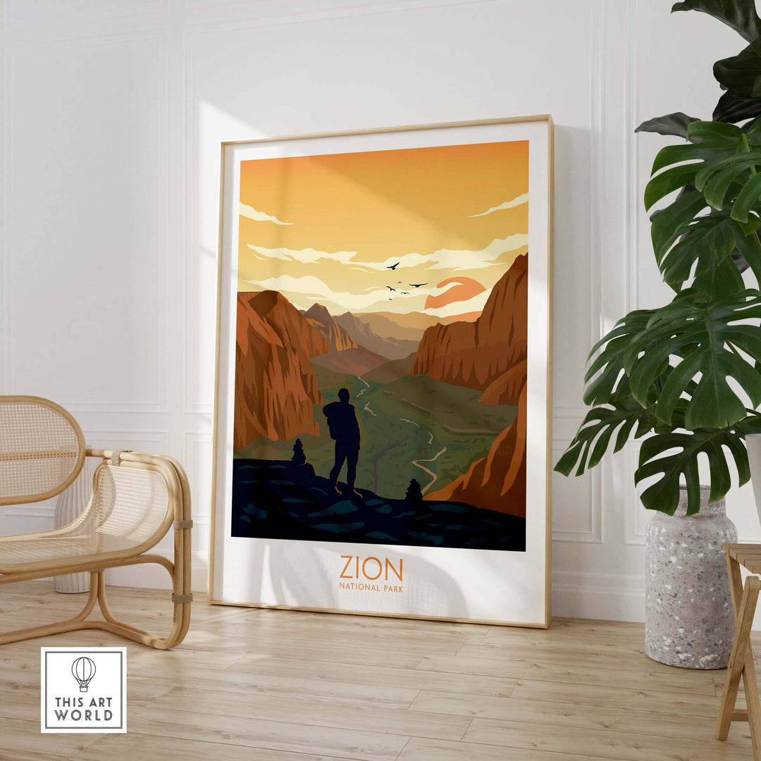 Zion National Park poster art print featuring a scenic landscape with a hiker at sunset in a stylish home setting.