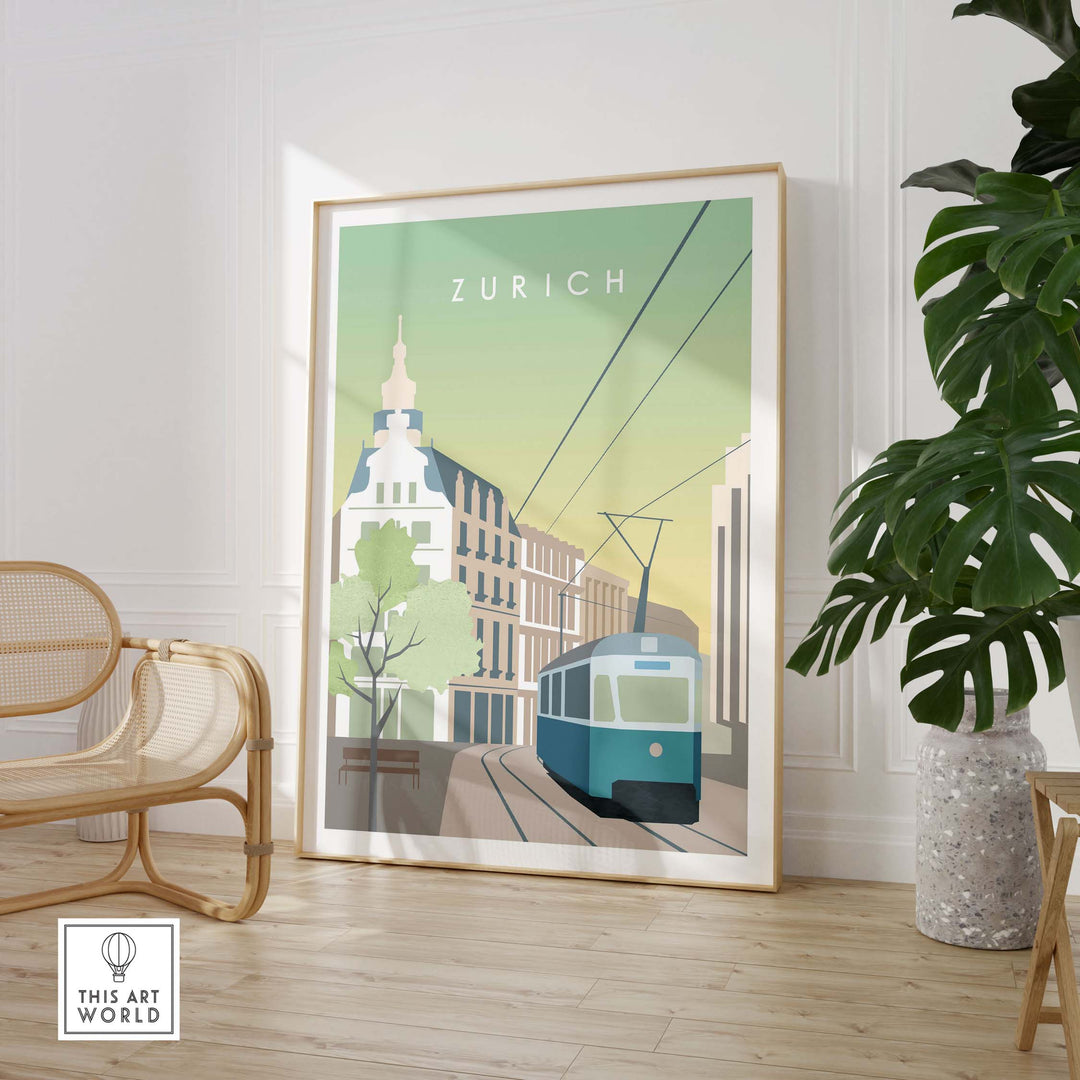 Zurich Print Wall Art Poster featuring a vintage tram and cityscape, ideal for home or office decor.