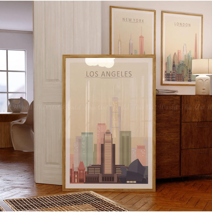 Los Angeles skyline poster wall art print featuring iconic architecture in pastel hues, perfect for home or office decor.