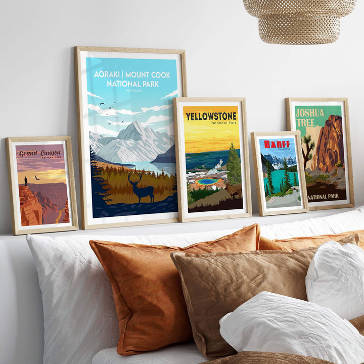 Aoraki Mount Cook National Park print displayed among vintage travel posters in a stylish home setting.