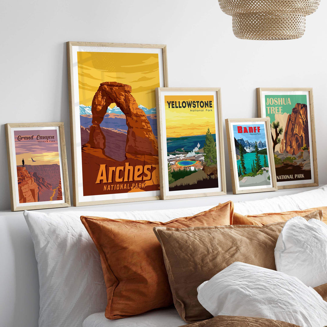 Arches National Park print framed with vintage-style national park posters in a cozy home setting.