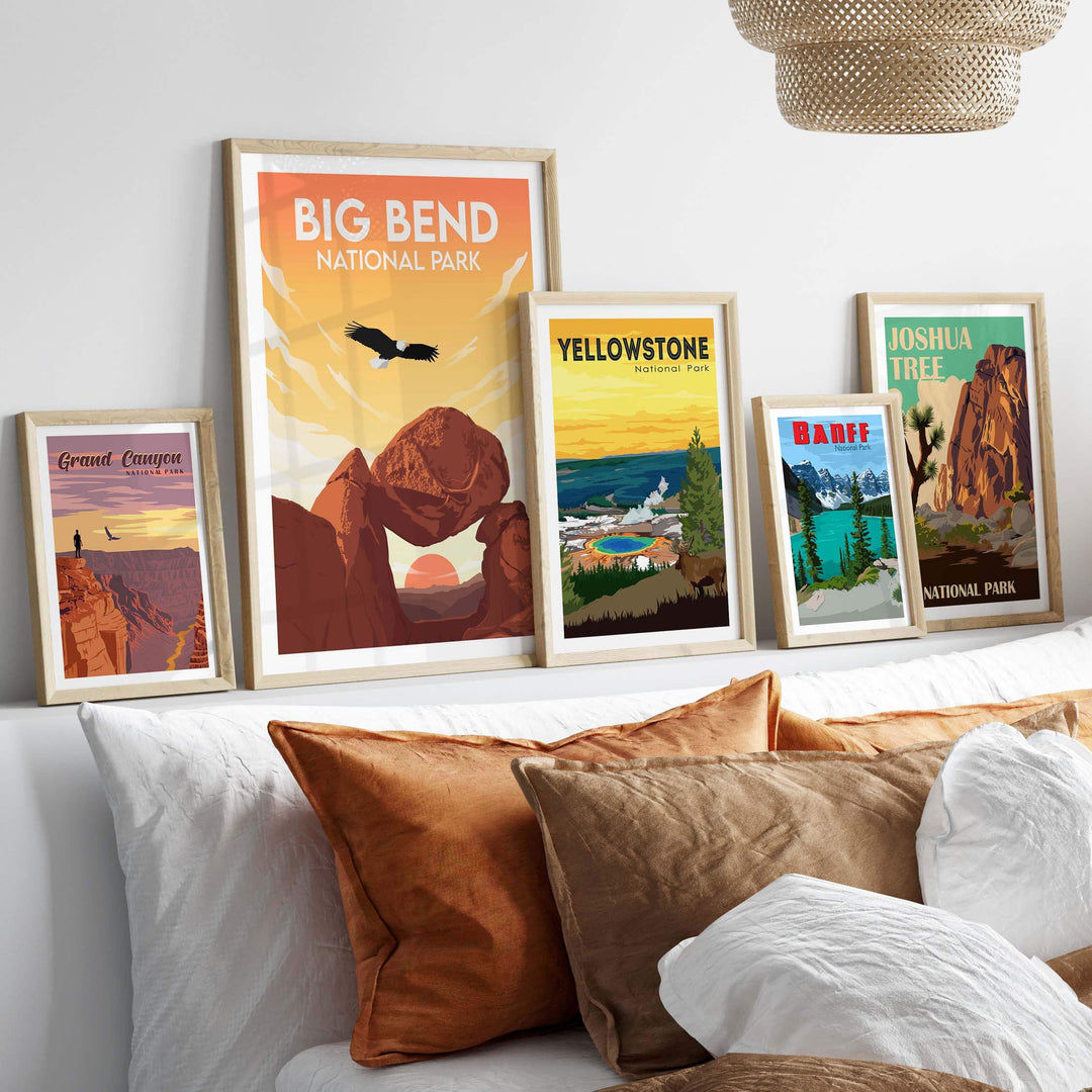 Framed Big Bend National Park poster and other national park art prints displayed on a stylish bedroom wall.