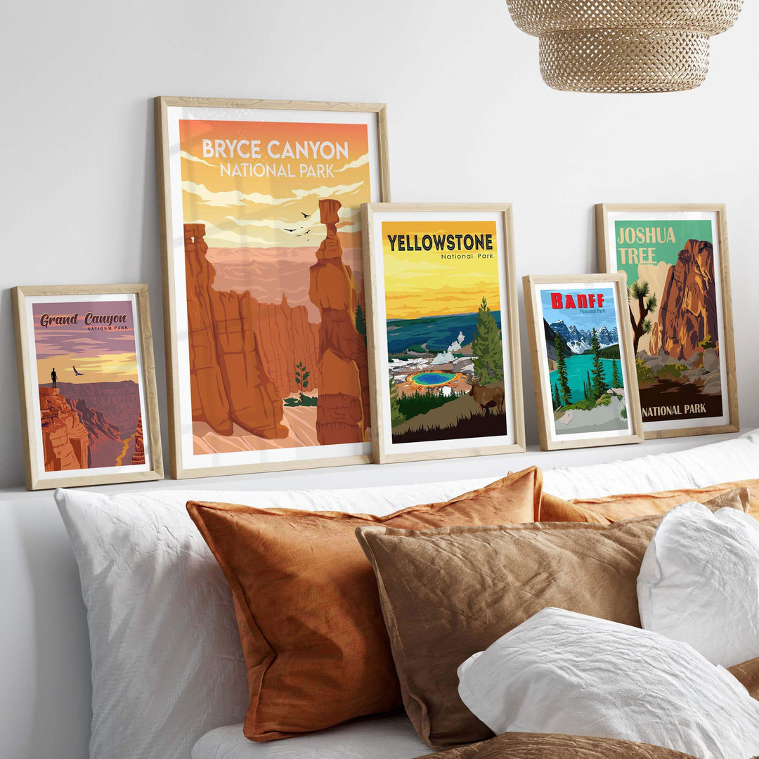 Framed Bryce Canyon National Park print among various nature-inspired artwork on a stylish wall display.