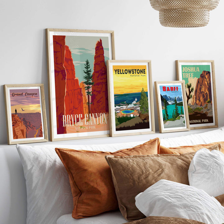 Stylish framed prints of Bryce Canyon, Yellowstone, and Joshua Tree National Parks, perfect for home decor.