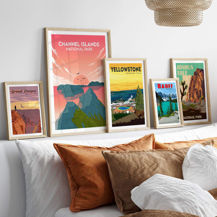Framed Channel Islands National Park poster with other national park prints, styled in a modern home setting.